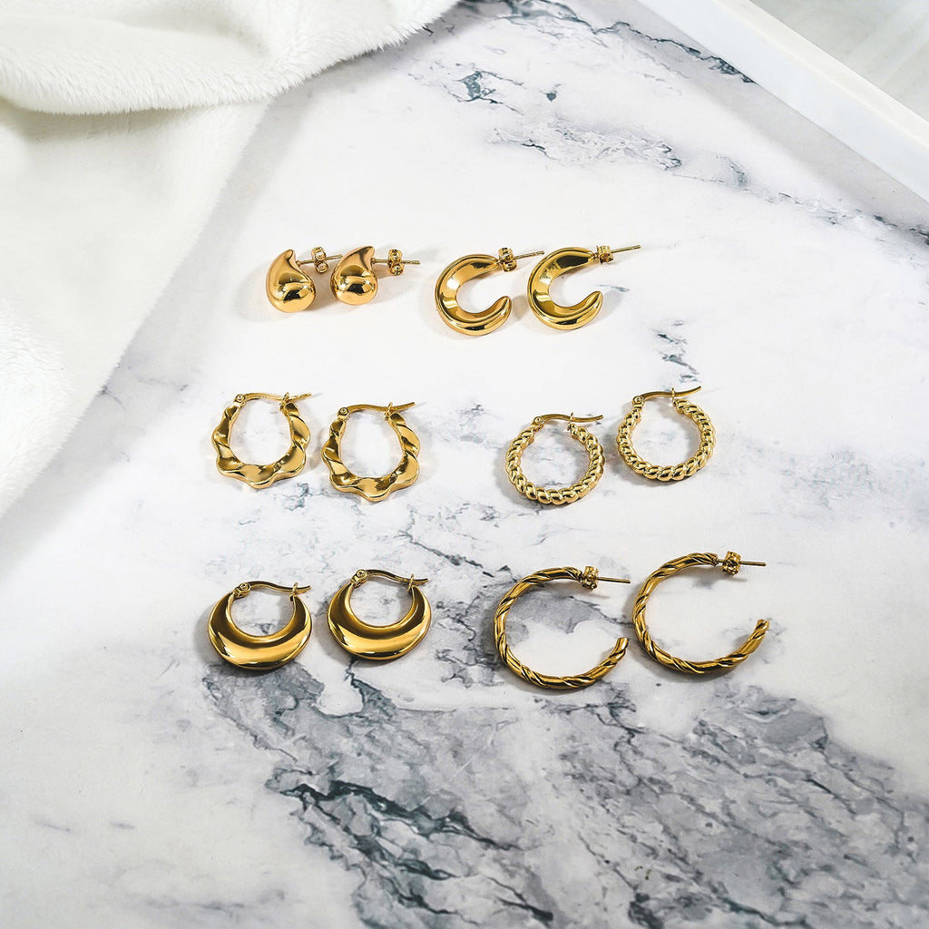6 Pairs Multipack Everyday Women Earrings Gift Set in Yellow Gold Plating, Thick Open, Lightweight, Hoop Hypoallergenic Twisted Earrings for Women
