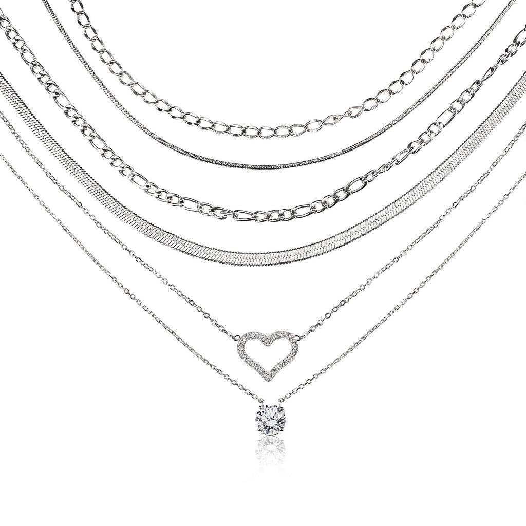JeenMata Multipack 6 pc Women Layered Necklace Pendant, White Gold Plating, Gold Chain, Choker Necklace, Herringbone Layered Necklace Jewelry Gift