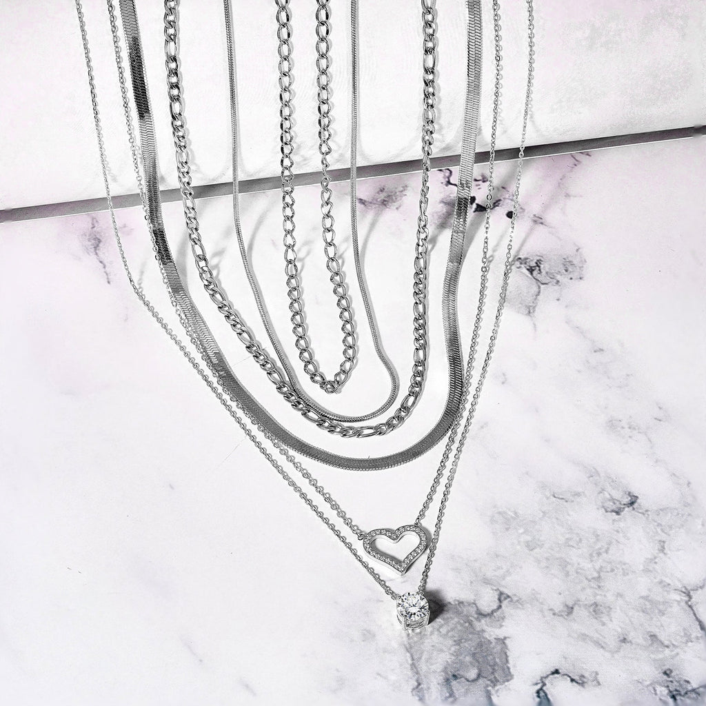 JEENMATA Multipack 6 pc Women Layered Necklace Pendant, Yellow Gold Plating, Gold Chain, Choker Necklace, Herringbone Layered Necklace Jewelry Gift