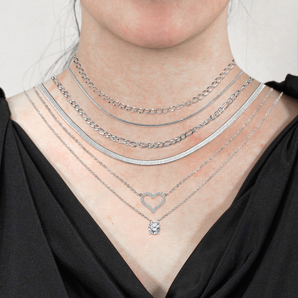 JEENMATA Multipack 6 pc Women Layered Necklace Pendant, Yellow Gold Plating, Gold Chain, Choker Necklace, Herringbone Layered Necklace Jewelry Gift