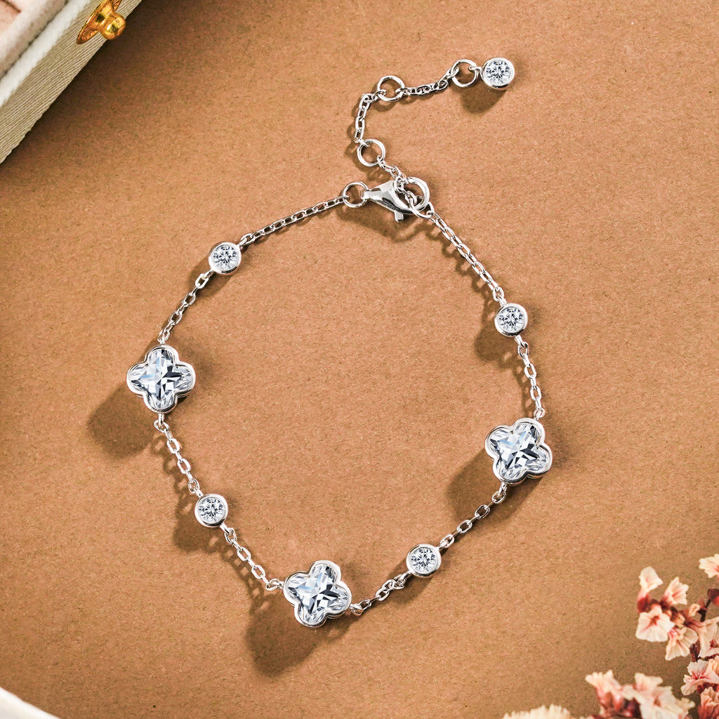 JeenMata 3 Carat Elegant Flower Moissanite Bracelet - Motif Bracelet in 18K White Gold Plating for Women