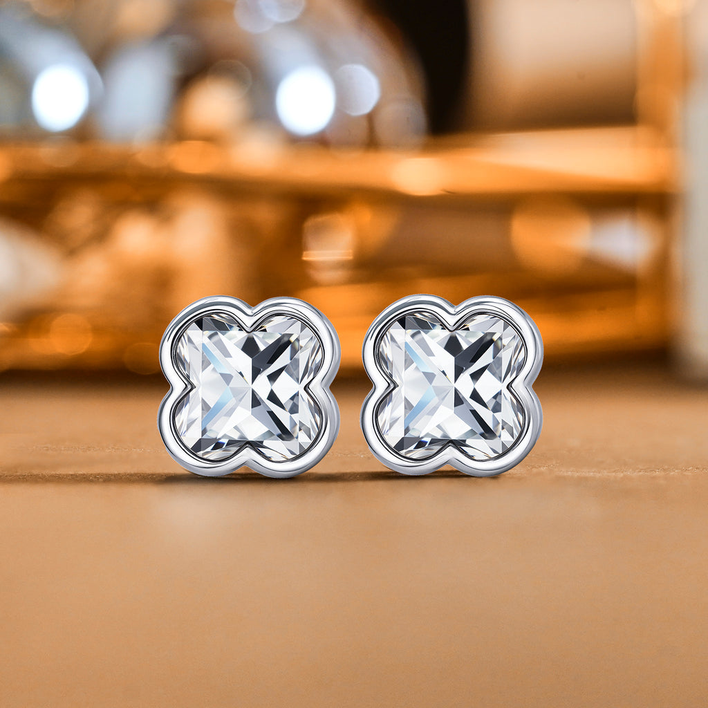 JeenMata 2 Carat Danity Flower Moissanite Stud - Floral Cut Earrings in 18K White Gold Plating for Women