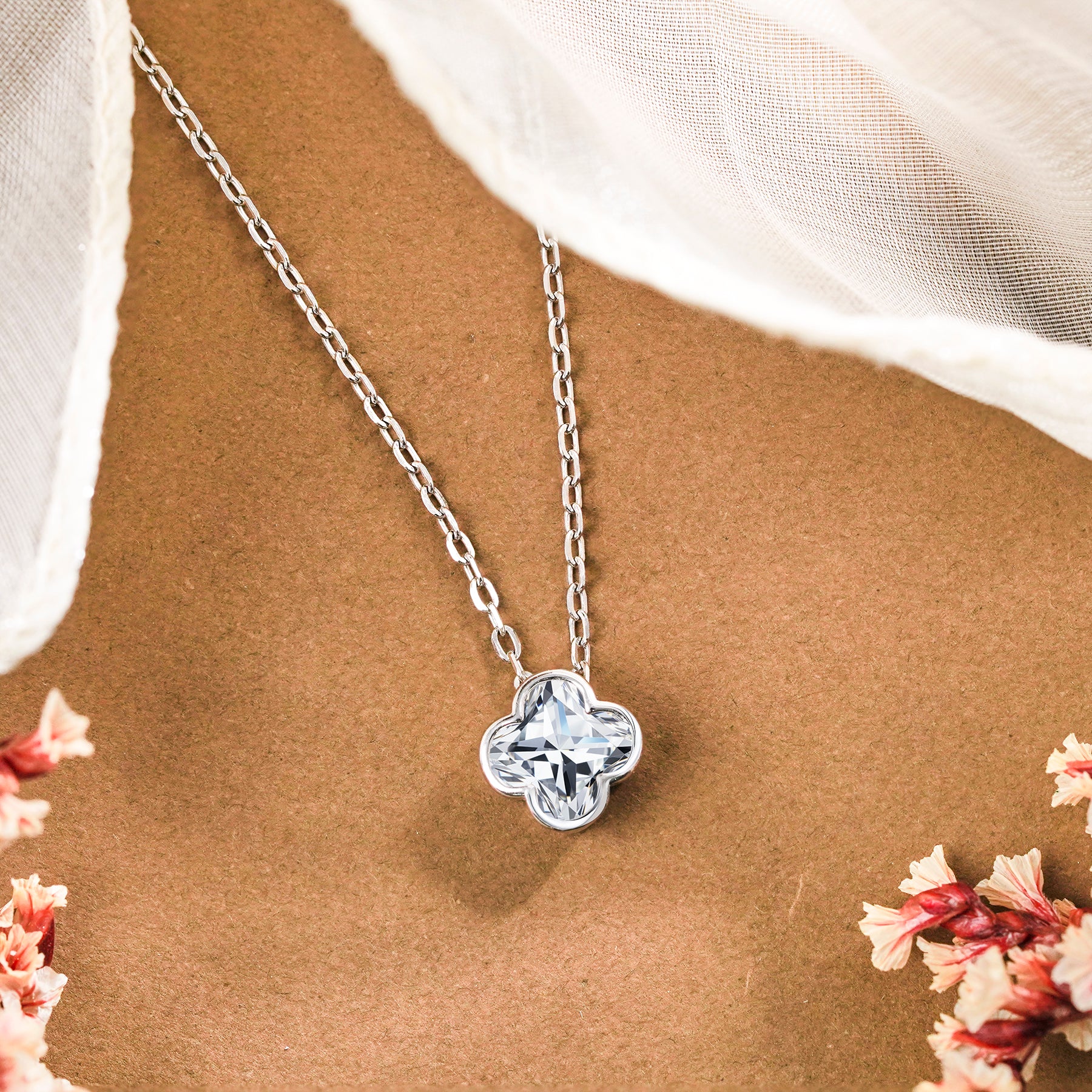 JeenMata 1 Carat Flower Cut Moissanite Pendant - Danity Clover Design Necklace in 18K White Gold Plated for Women