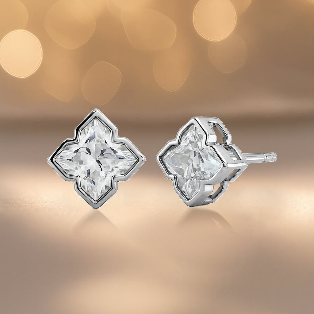 JeenMata 2 Carat Moissanite Flower Stud Earrings - 18K White Gold Plating for Women