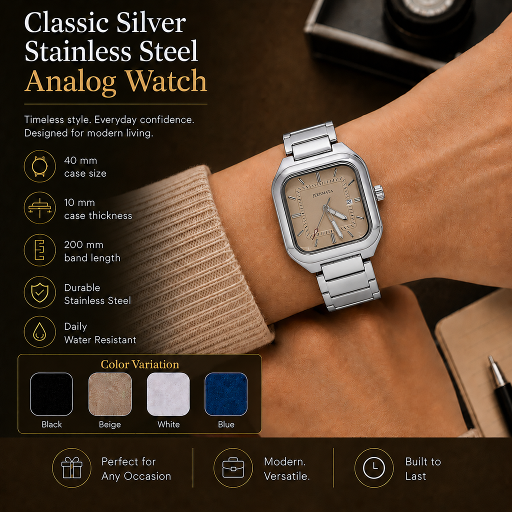 JeenMata Men’s Square Stainless Steel Watch, Water Resistant Beige Textured Dial with Date Window