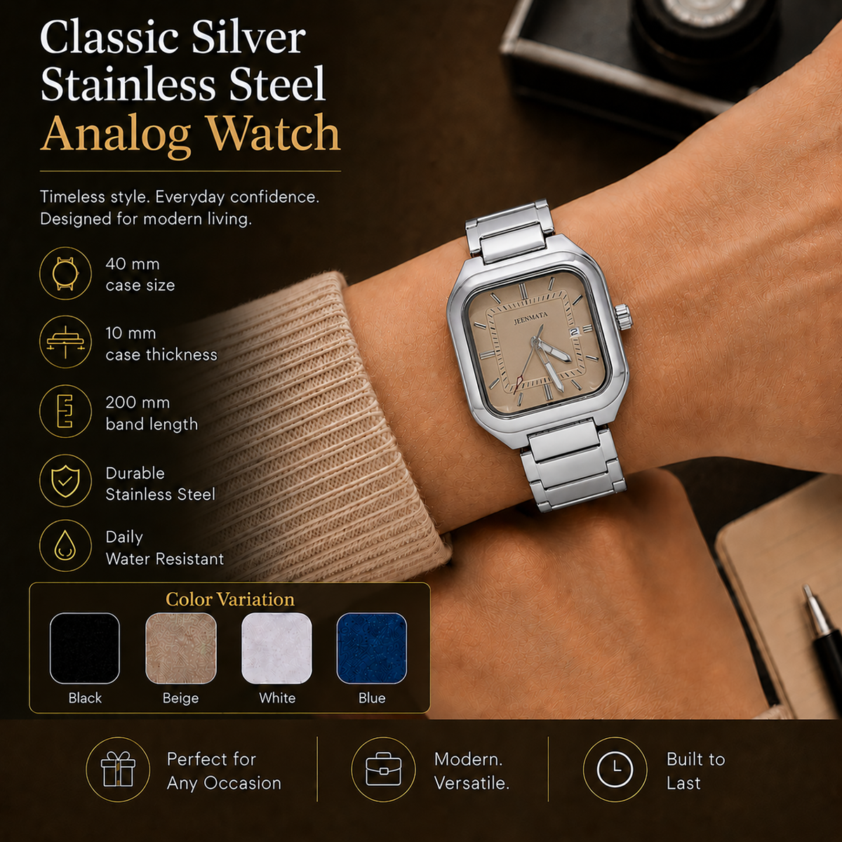 JeenMata Men’s Square Stainless Steel Watch, Water Resistant Beige Textured Dial with Date Window