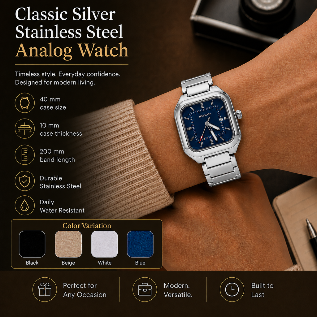 JeenMata Men’s Square Stainless Steel Watch, Water Resistant Blue Textured Dial with Date Window