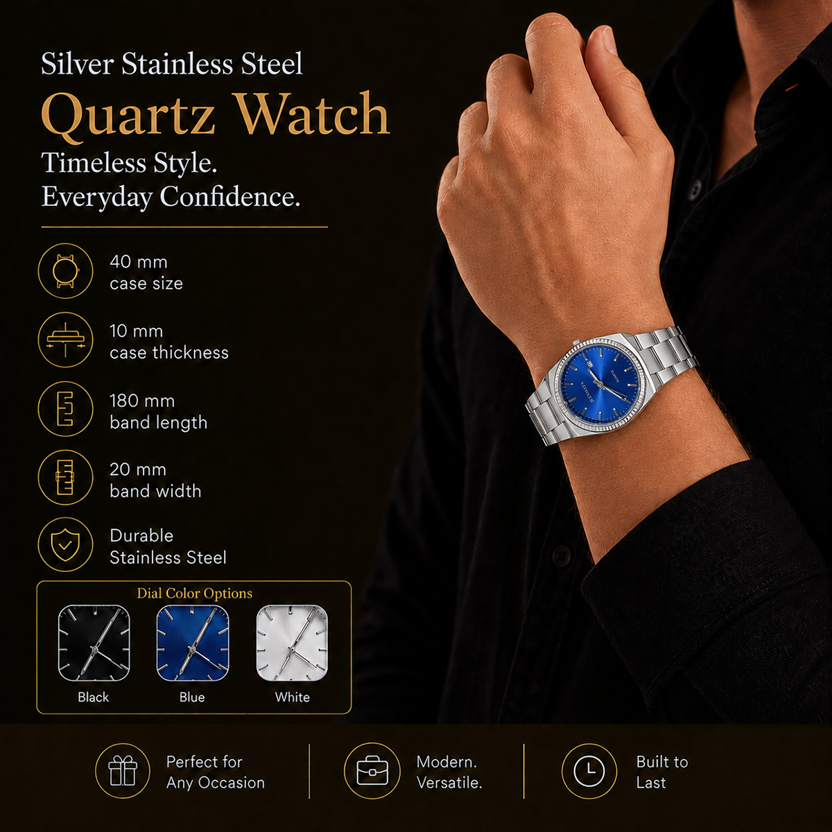 JeenMata Men’s Stainless Steel Integrated Bracelet Watch, Water-Resistant Sunray Blue Dial with Fluted Bezel & Date