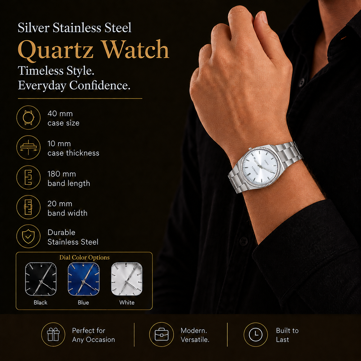 JeenMata Men’s Stainless Steel Integrated Bracelet Watch, Water-Resistant White Dial with Fluted Bezel & Date