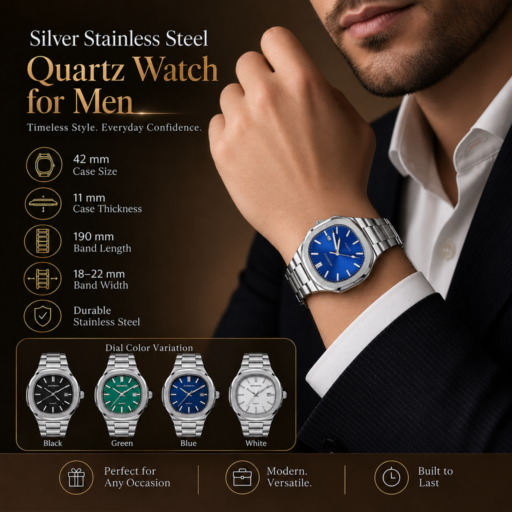 JeenMata Men’s Stainless Steel Nautilus-Style Watch, Water-Resistant Sunray Blue Dial with Date Window