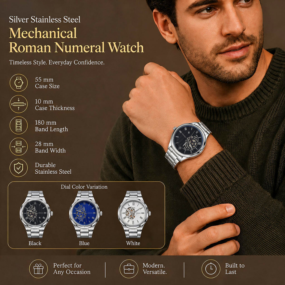 JeenMata Men’s Skeleton Dial Stainless Steel Watch, Water-Resistant Black Dial with Roman Numerals