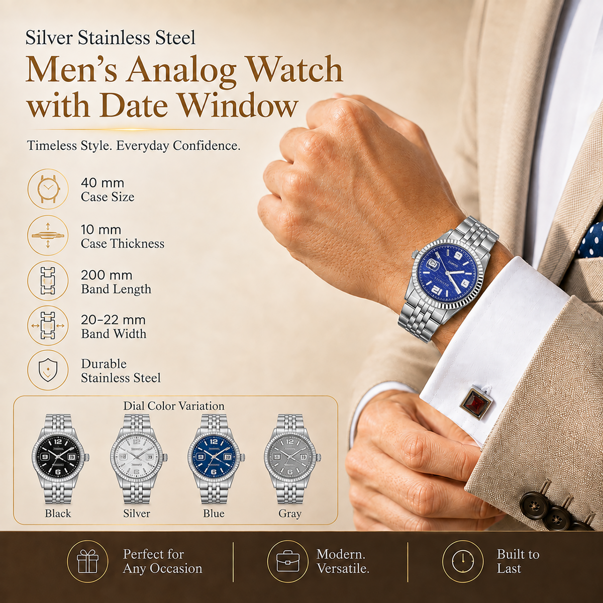 JeenMata Men’s Stainless Steel Fluted Bezel Watch, Water-Resistant Sunray Blue Dial with Date & Cyclops Lens