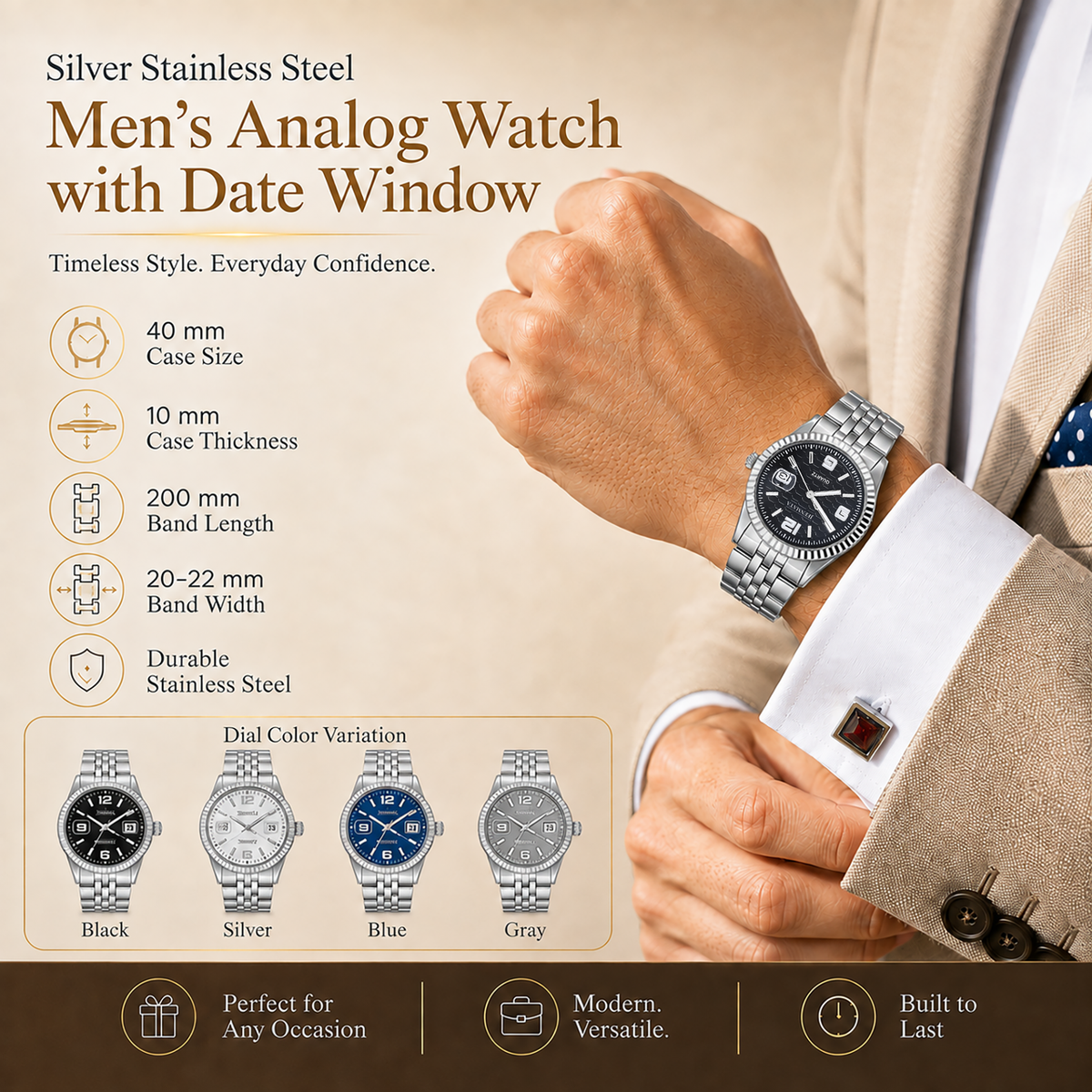 JeenMata Men’s Stainless Steel Fluted Bezel Watch, Water-Resistant Black Patterned Dial with Date & Cyclops Lens
