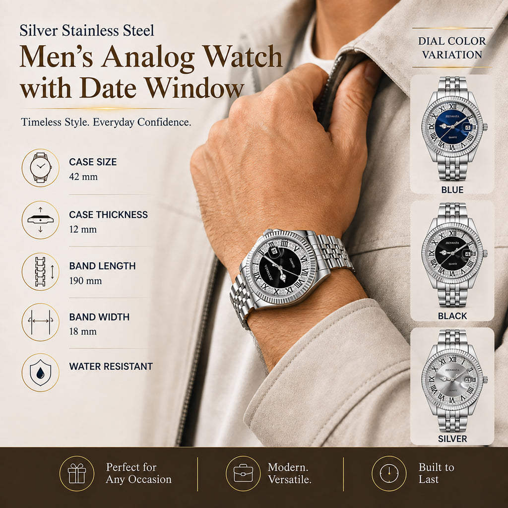 JeenMata Men’s Stainless Steel Watch, Water-Resistant Black Dial with Roman Numeral Inner Bezel & Date