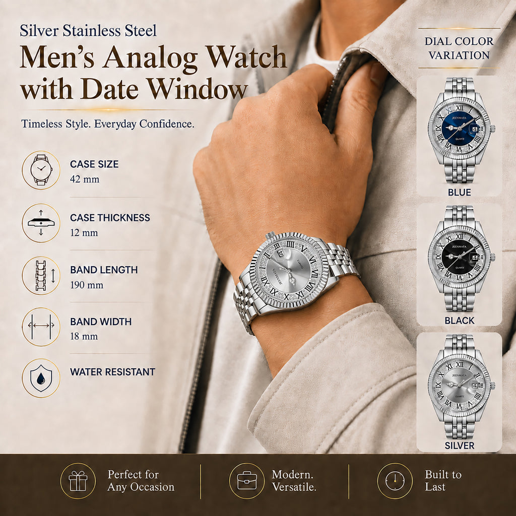 JeenMata Men’s Stainless Steel Watch, Water-Resistant White Dial with Roman Numeral Inner Bezel & Date