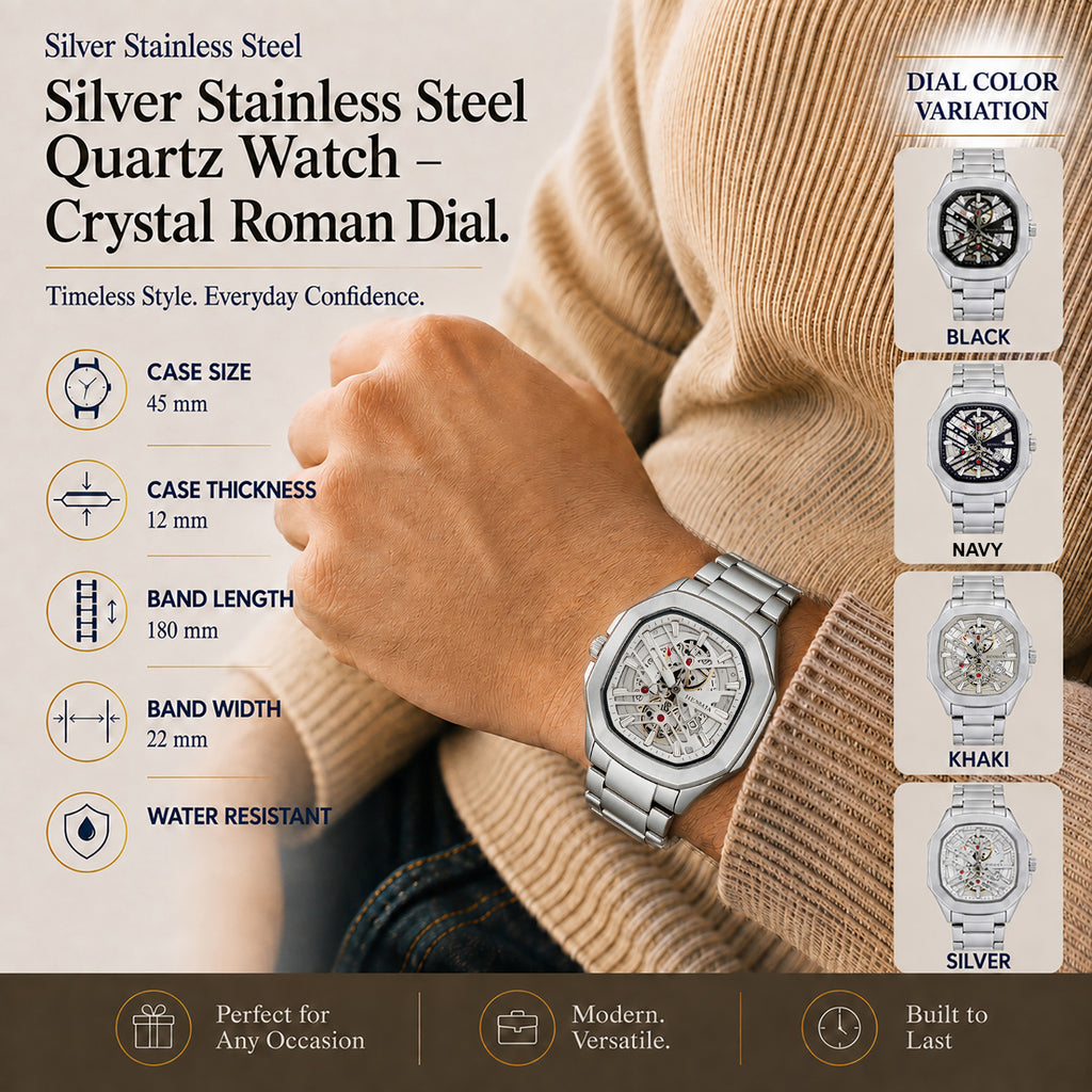 JeenMata Men’s Stainless Steel Octagon Watch, Water-Resistant White Geometric Skeleton Dial