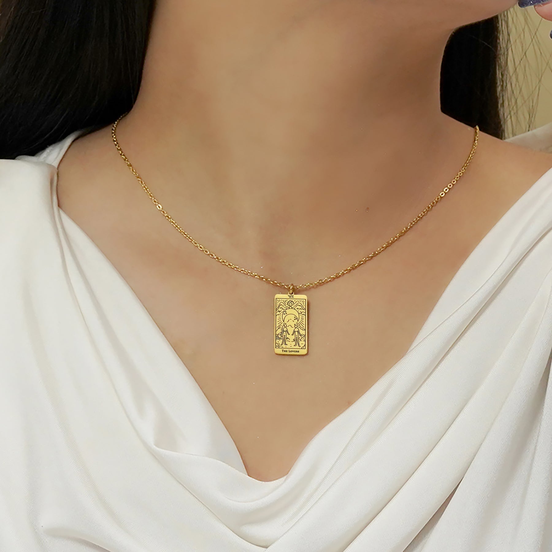 JeenMata Tarot Necklace - The Lovers - Customized Tarot Pendant Jewelry for Unisex in Yellow Gold Plated