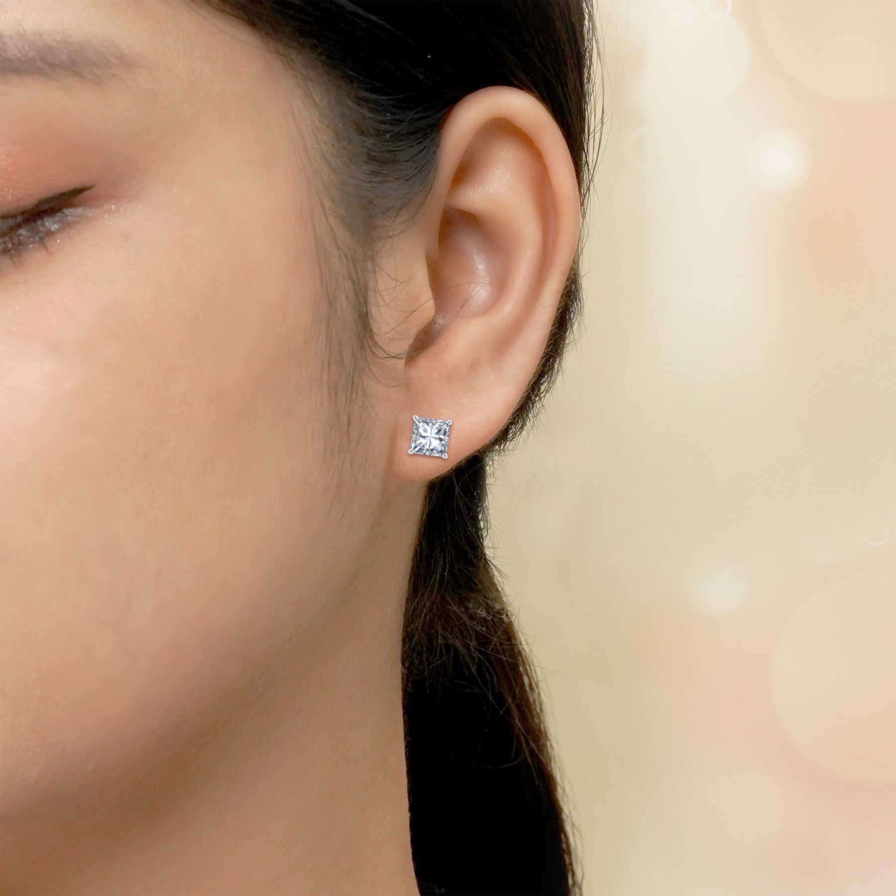 4 Carat Princess Cut Moissanite 4 Prong Solitaire Stud Earrings In 18K Rose Gold Plating Over Silver