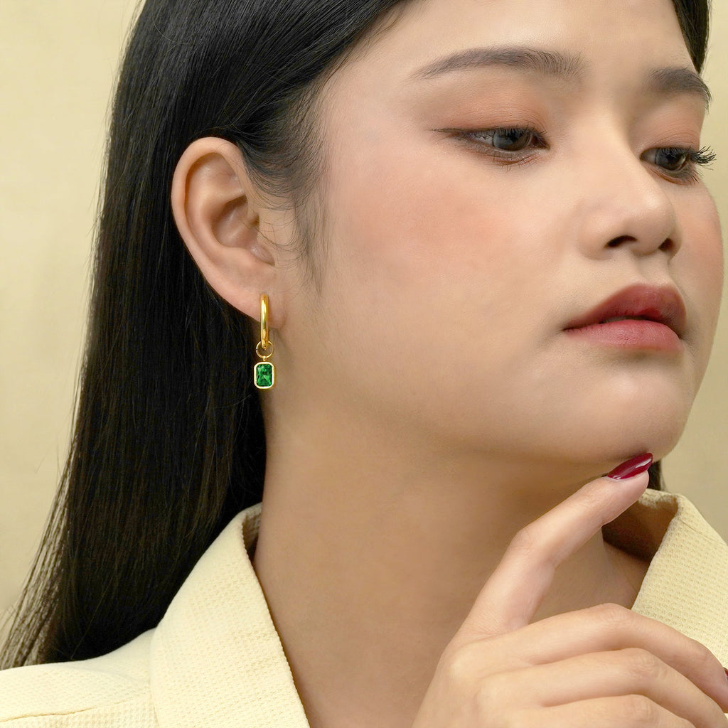 2 Carat Emerald Cut - Emerald - May Birthstone Bezel Huggie Hoop Earrings - 18K Yellow Gold Plating