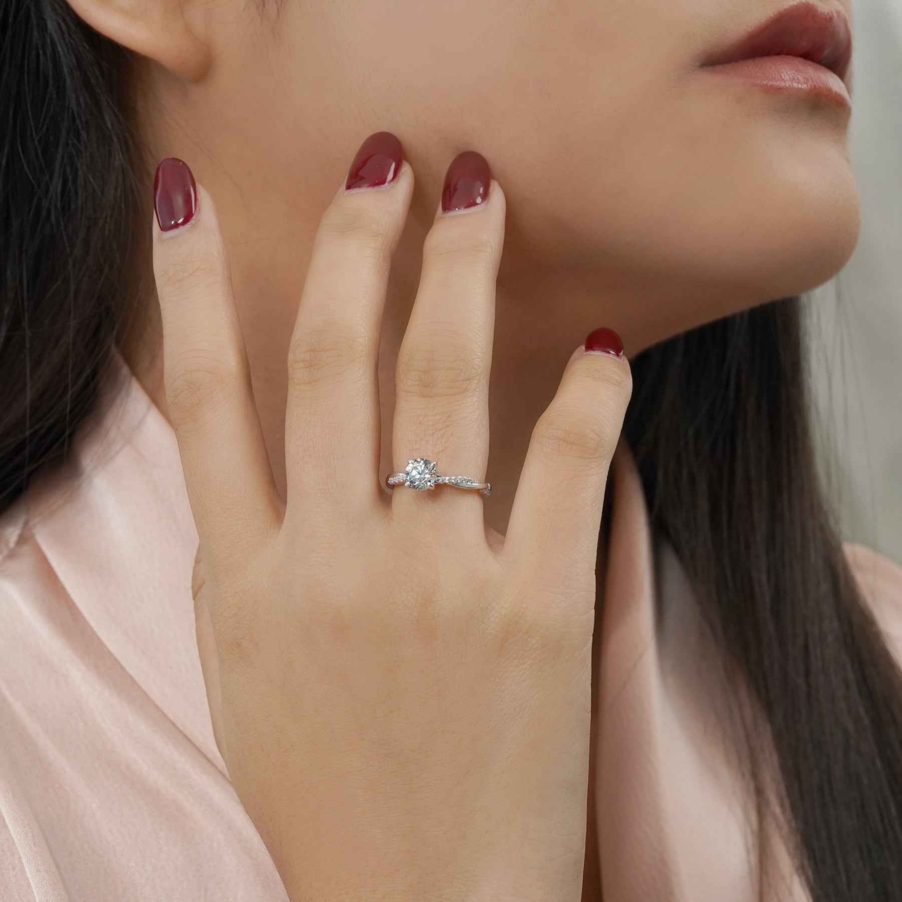 JeenMata Cathedral Prong 1 Carat Round Shaped Moissanite Half Pave Infinity Twisted Shank Engagement Ring In 18K White Gold Plating Over Silver