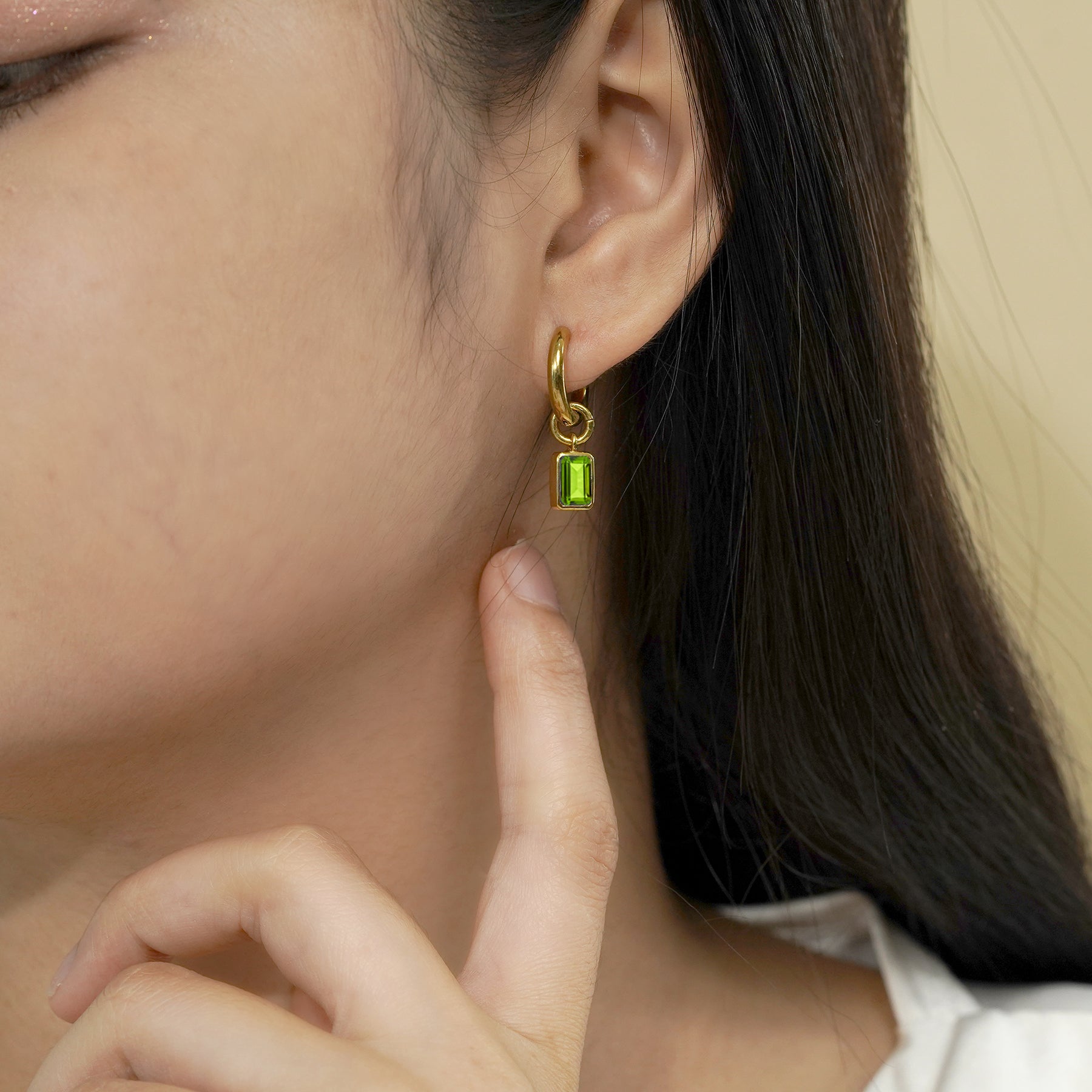 2 Carat Emerald Cut - Peridot - August Birthstone Bezel Huggie Hoop Earrings - 18K Yellow Gold Plating