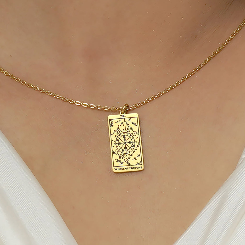 JeenMata Tarot Necklace - Wheel of Fortune - Customized Tarot Pendant Jewelry for Unisex in Yellow Gold Plated