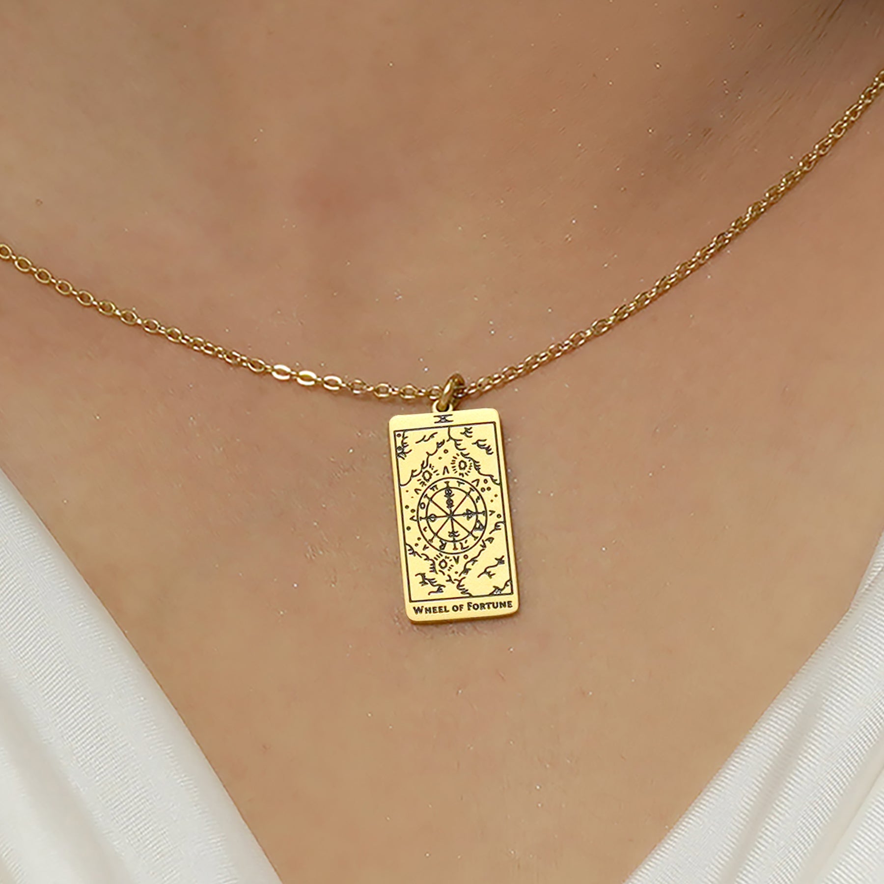 JeenMata Tarot Necklace - Wheel of Fortune - Customized Tarot Pendant Jewelry for Unisex in Yellow Gold Plated