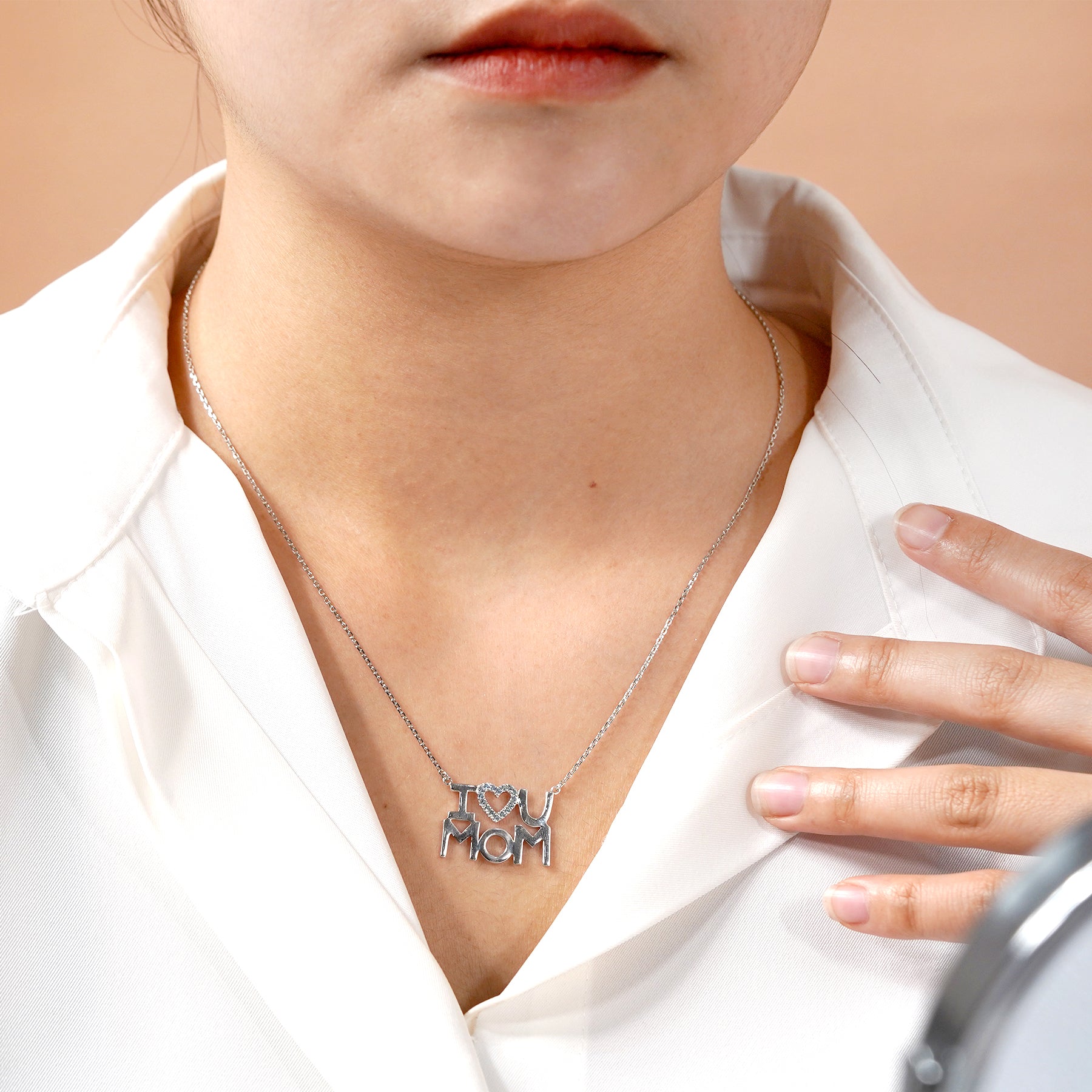 JeenMata I Love U Mom Ice Blue Stone Embellished Open Heart Pendant Necklace in 18K White Gold over Silver - March Birthstone - Gift for Mom