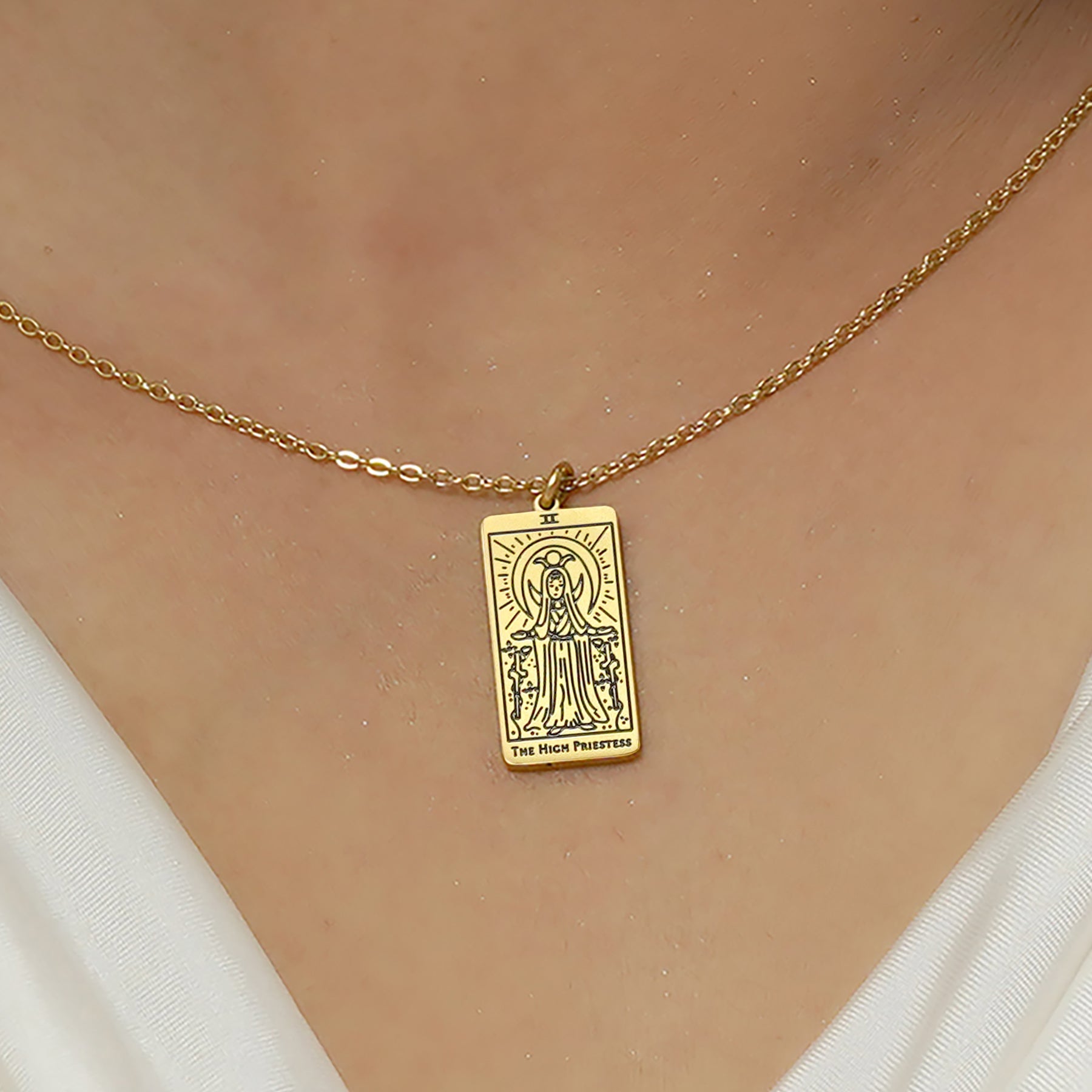 JeenMata Tarot Necklace - The High Priestess - Customized Tarot Pendant Jewelry for Unisex in Yellow Gold Plated
