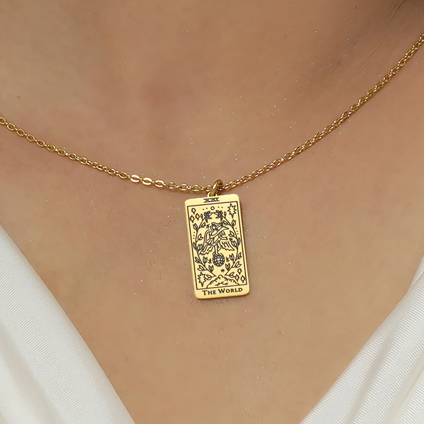 JeenMata Tarot Necklace - The World - Customized Tarot Pendant Jewelry for Unisex in Yellow Gold Plated