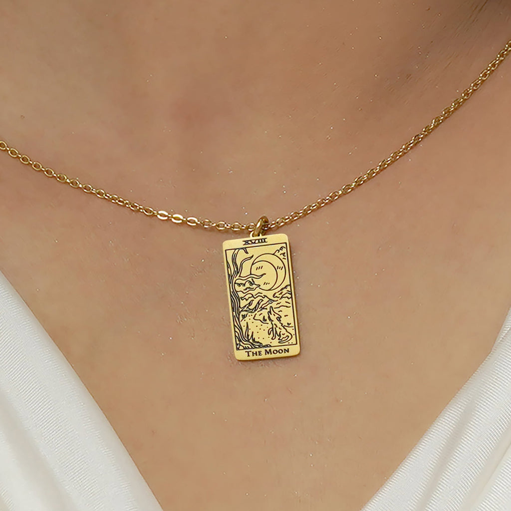 JeenMata Tarot Necklace - The Moon - Customized Tarot Pendant Jewelry for Unisex in Yellow Gold Plated