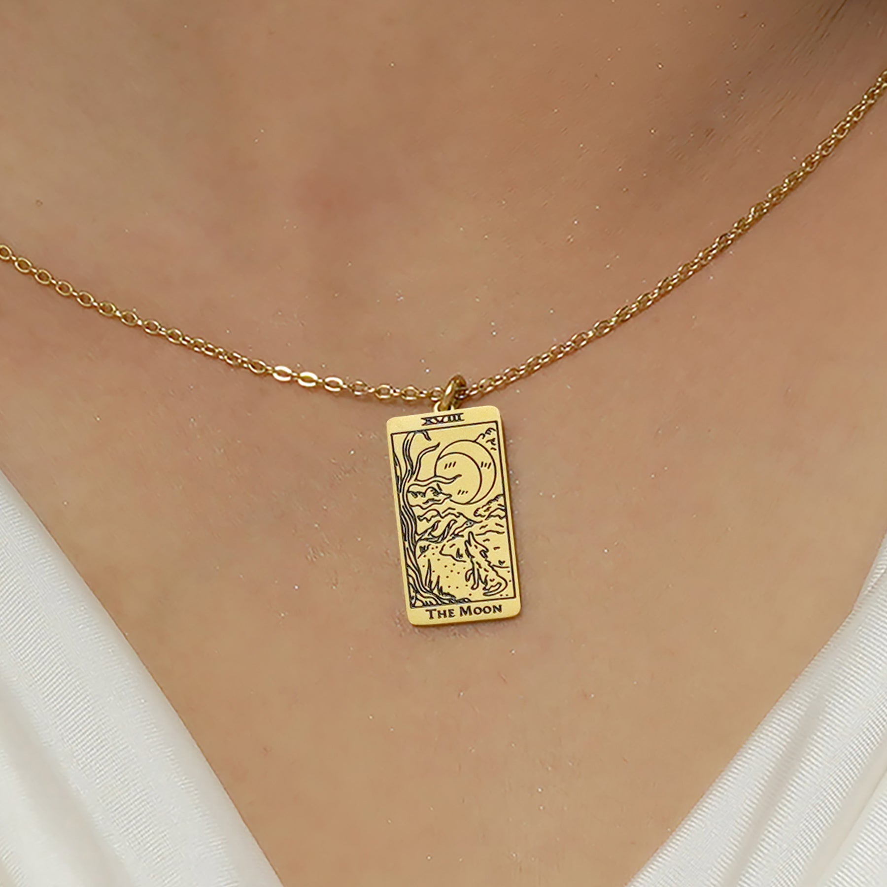 JeenMata Tarot Necklace - The Moon - Customized Tarot Pendant Jewelry for Unisex in Yellow Gold Plated