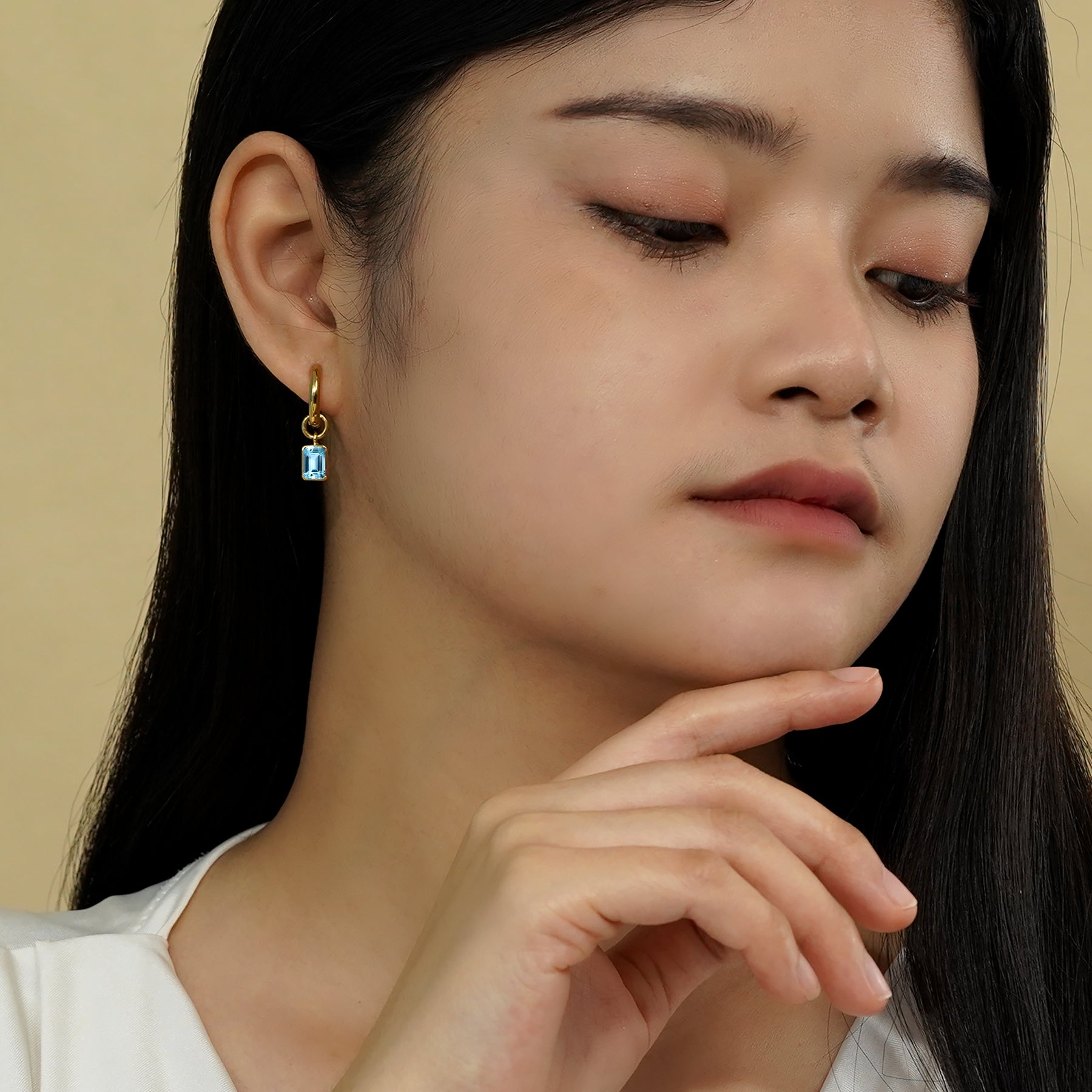 2 Carat Emerald Cut - Blue Topaz - December Birthstone Bezel Huggie Hoop Earrings - 18K Yellow Gold Plating