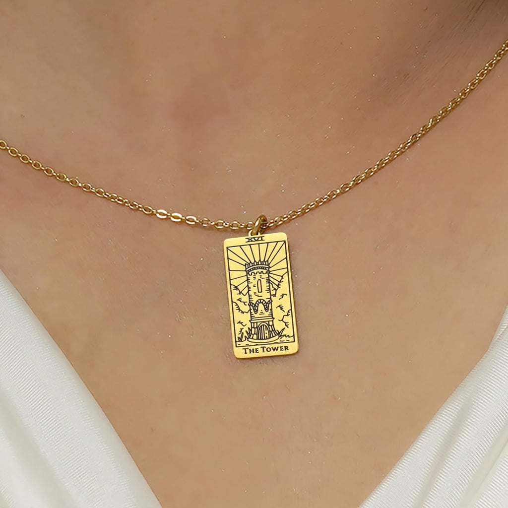 JeenMata Tarot Nceklace - The Tower - Customized Tarot Pendant Jewelry for Unisex in Yellow Gold Plated
