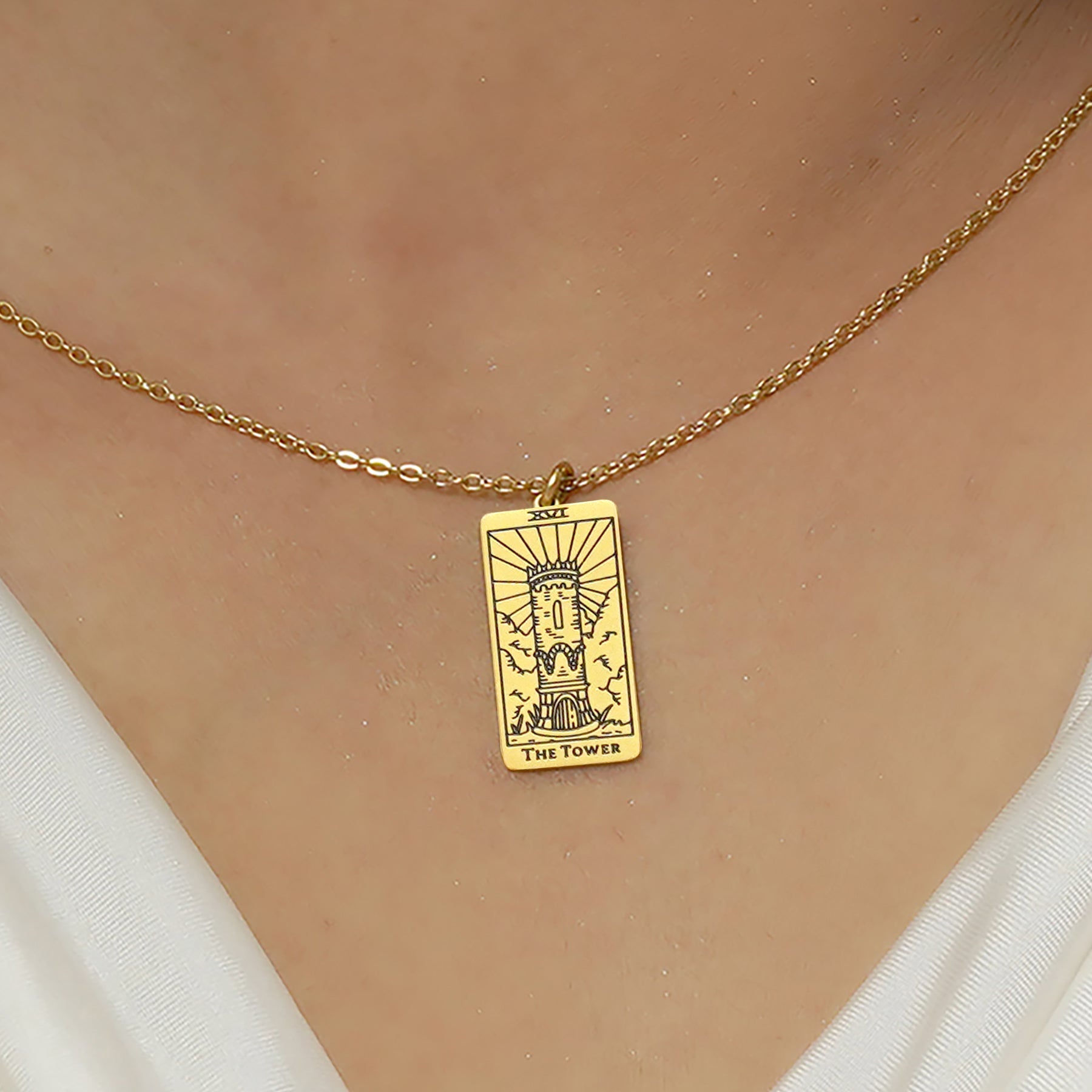 JeenMata Tarot Nceklace - The Tower - Customized Tarot Pendant Jewelry for Unisex in Yellow Gold Plated