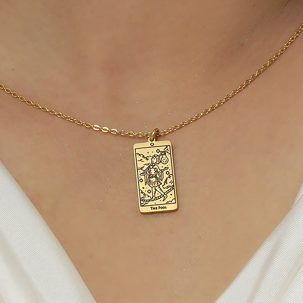 JeenMata Tarot Necklace - The Fool - Customized Tarot Pendant Jewelry for Unisex in Yellow Gold Plated