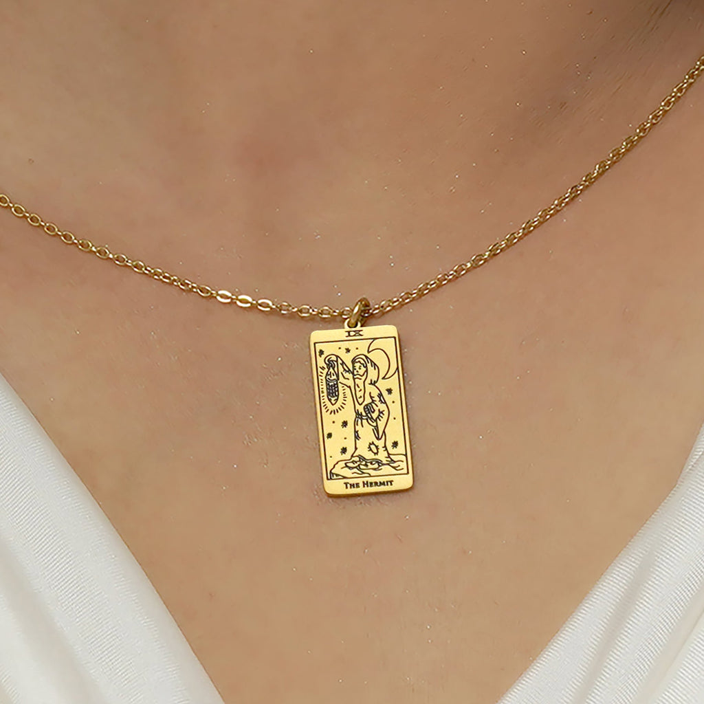 JeenMata Tarot Necklace - The Hermit - Customized Tarot Pendant Jewelry for Unisex in Yellow Gold Plated