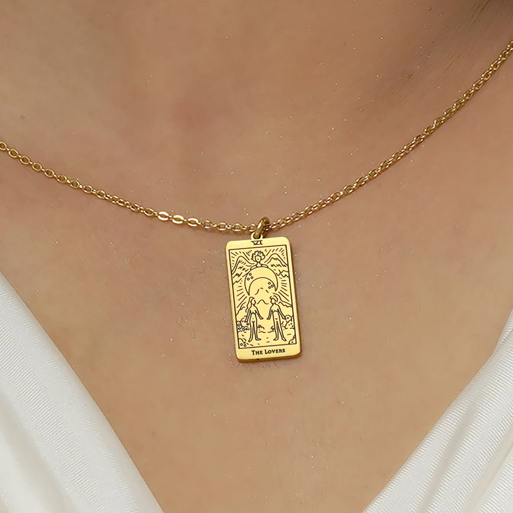 JeenMata Tarot Necklace - The Lovers - Customized Tarot Pendant Jewelry for Unisex in Yellow Gold Plated