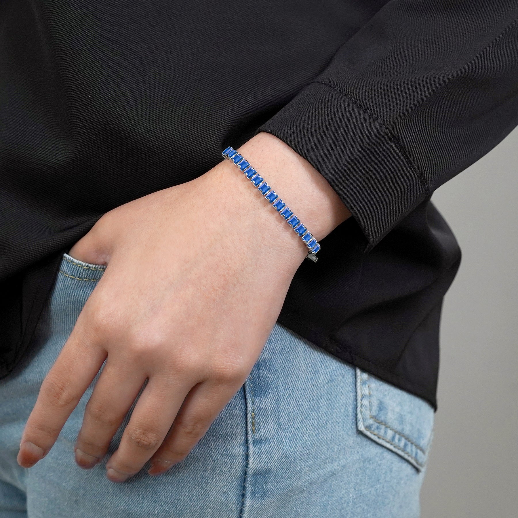 Huge 11 Carat Princess Cut September - Blue Sapphire - Birthstone Tennis Bracelet for Women Eternity Design - White Gold Plating, Birthday, Anniversary, Valentine's Day Gift