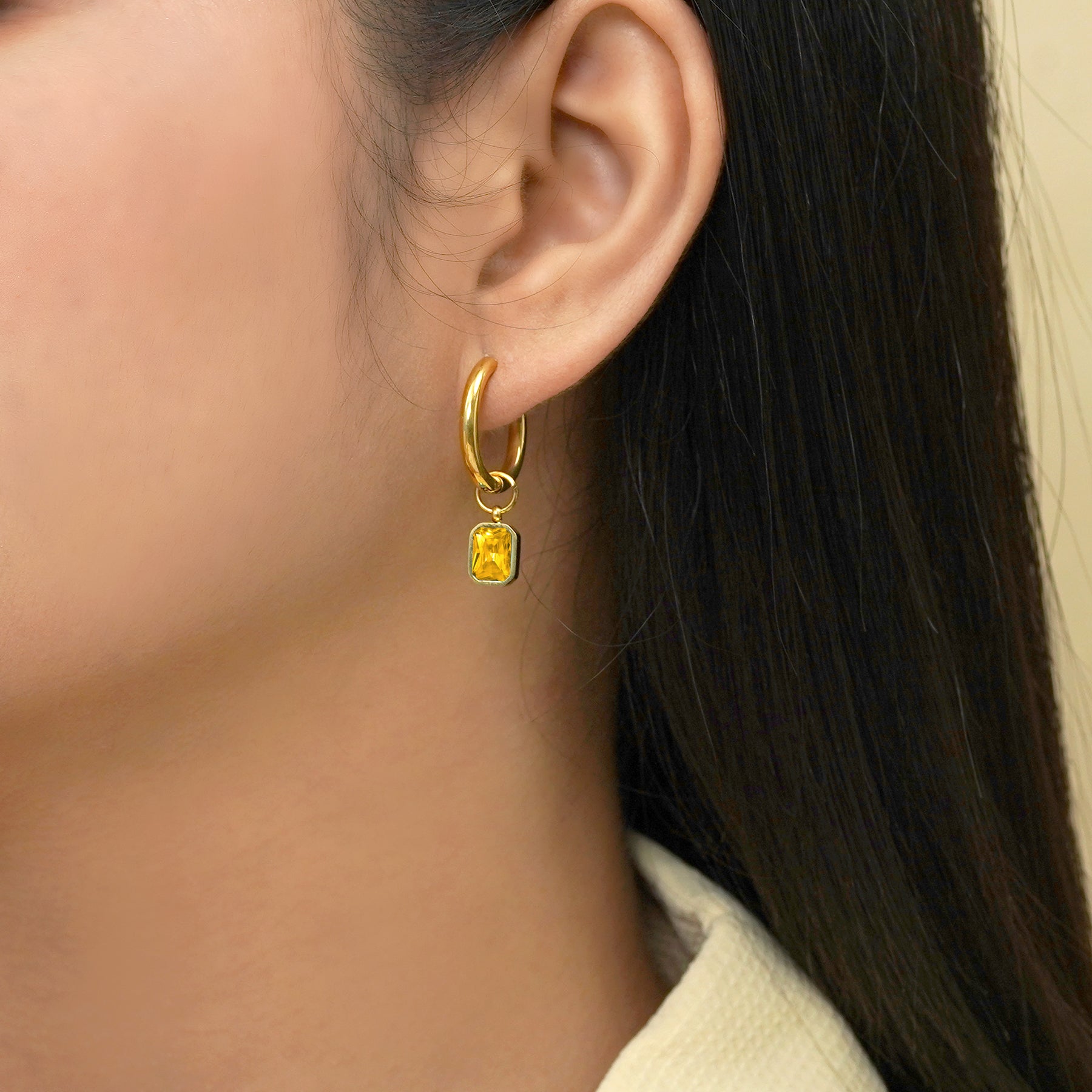 2 Carat Emerald Cut - Citrine - November Birthstone Bezel Huggie Hoop Earrings - 18K Yellow Gold Plating