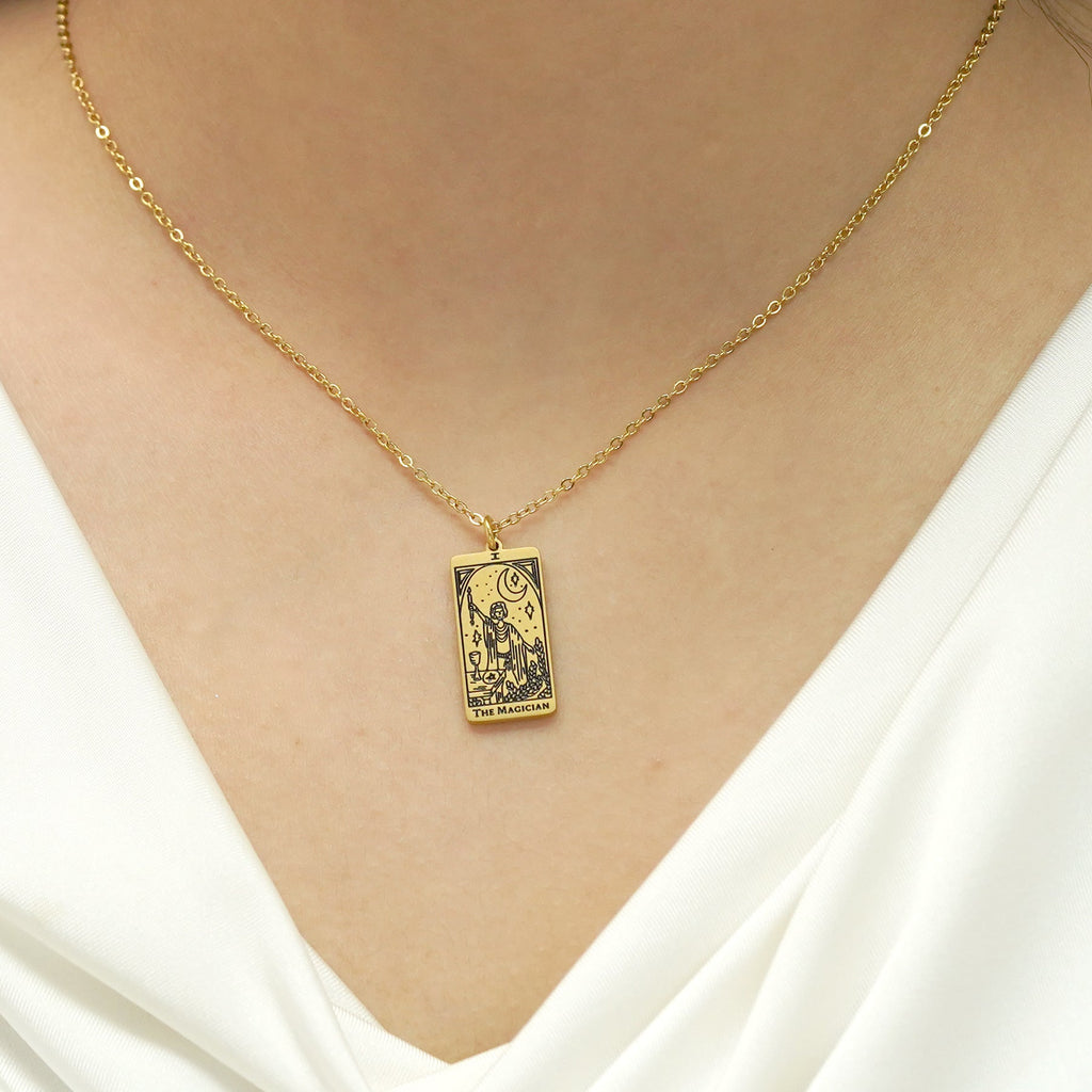 JeenMata Tarot Necklace - The Magician - Customized Tarot Pendant Jewelry for Unisex in Yellow Gold Plated