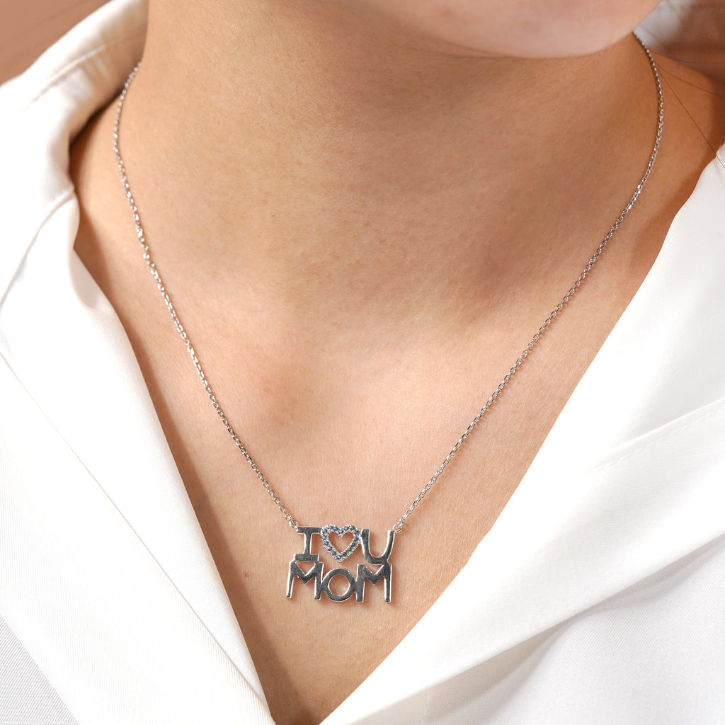 JeenMata I Love U Mom Ice Blue Stone Embellished Open Heart Pendant Necklace in 18K White Gold over Silver - March Birthstone - Gift for Mom