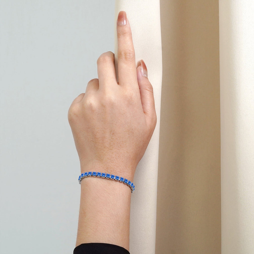 Huge 11 Carat Princess Cut September - Blue Sapphire - Birthstone Tennis Bracelet for Women Eternity Design - White Gold Plating, Birthday, Anniversary, Valentine's Day Gift
