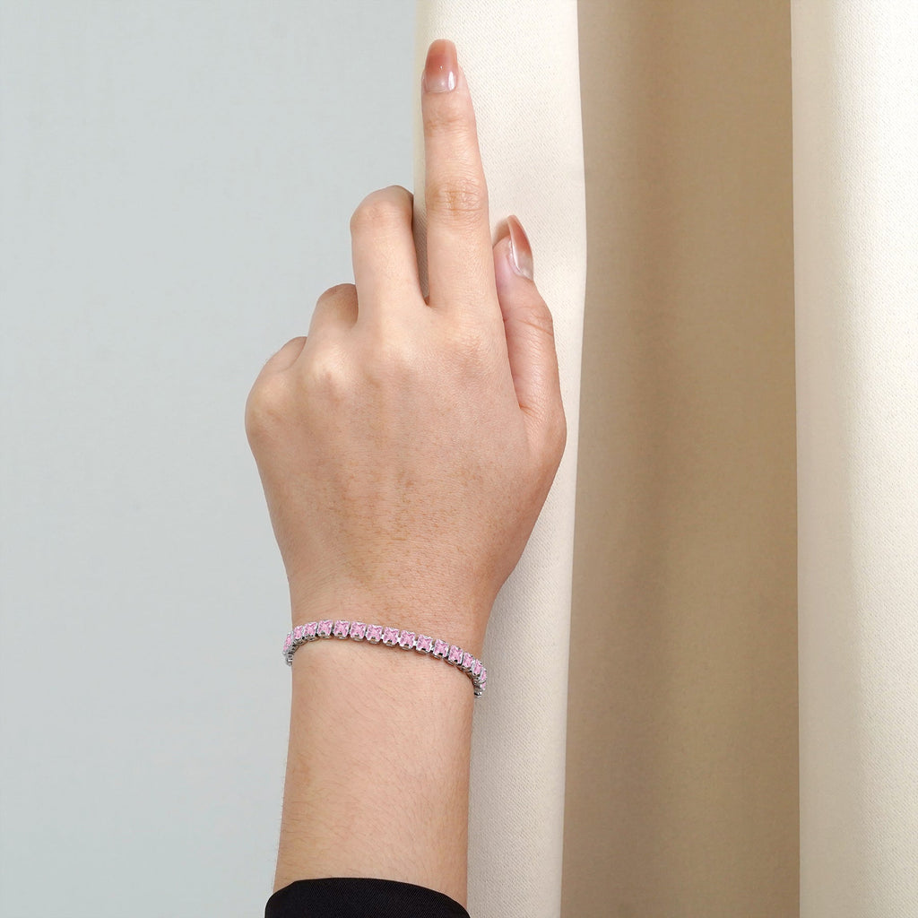 Huge 11 Carat Princess Cut October - Pink Tourmaline - Birthstone Tennis Bracelet for Women Eternity Design - White Gold Plating, Birthday, Anniversary, Valentine's Day Gift
