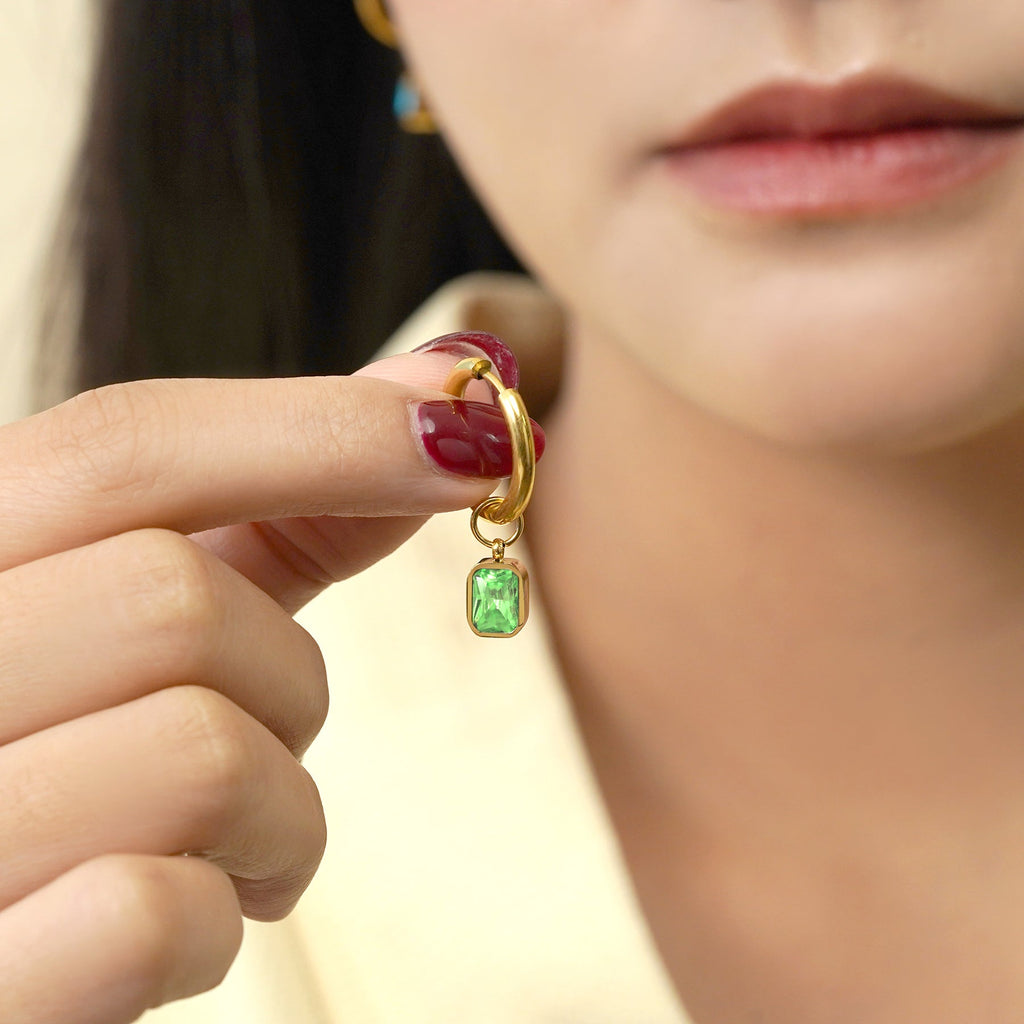 2 Carat Emerald Cut - Peridot - August Birthstone Bezel Huggie Hoop Earrings - 18K Yellow Gold Plating