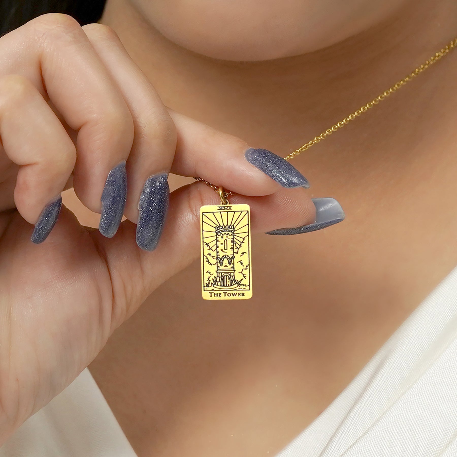 JeenMata Tarot Nceklace - The Tower - Customized Tarot Pendant Jewelry for Unisex in Yellow Gold Plated