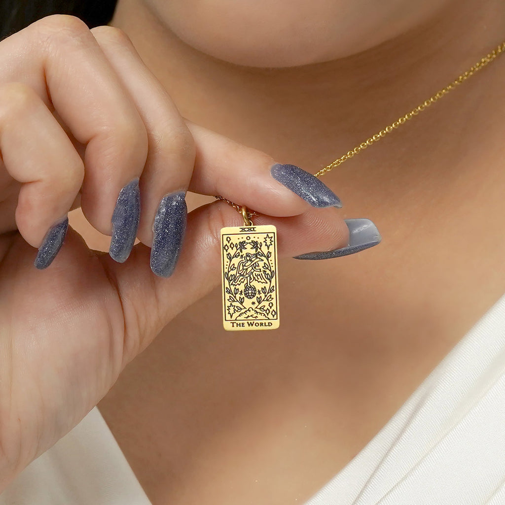 JeenMata Tarot Necklace - The World - Customized Tarot Pendant Jewelry for Unisex in Yellow Gold Plated