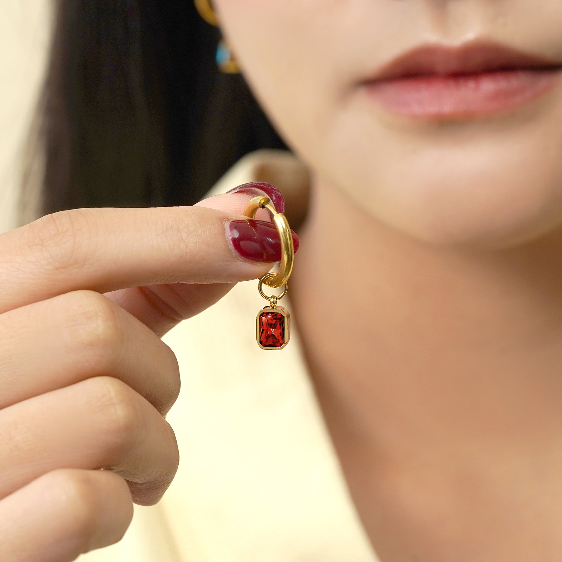 2 Carat Emerald Cut - Garnet - January Birthstone Bezel Huggie Hoop Earrings - 18K Yellow Gold Plating