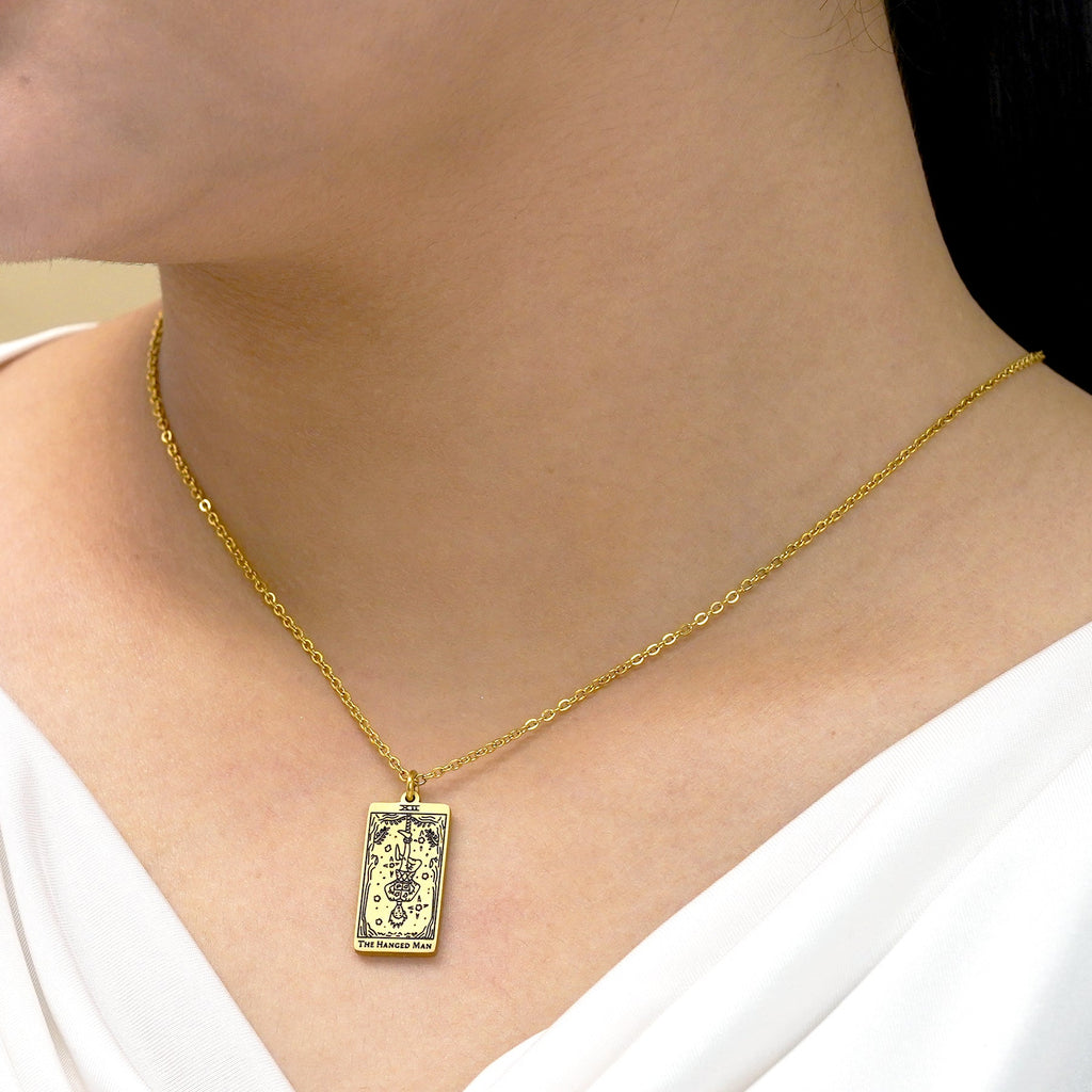 JeenMata Tarot Necklace - The Hanged Man - Customized Tarot Pendant Jewelry for Unisex in Yellow Gold Plated