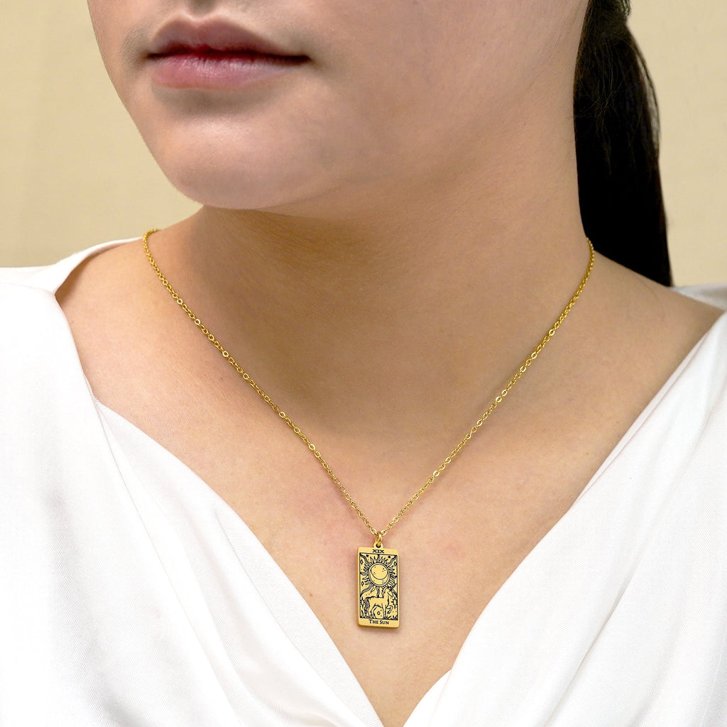 JeenMata Tarot Necklace - The Sun - Customized Tarot Pendant Jewelry for Unisex in Yellow Gold Plated